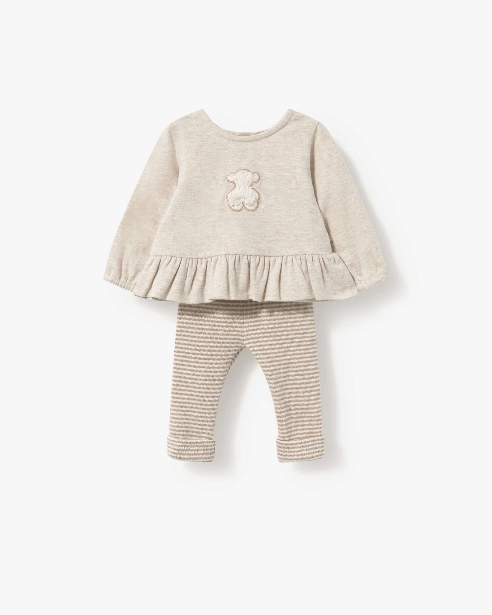 Conjunto Infantil de Camisola com Folho e Leggings Às Riscas Bege-1