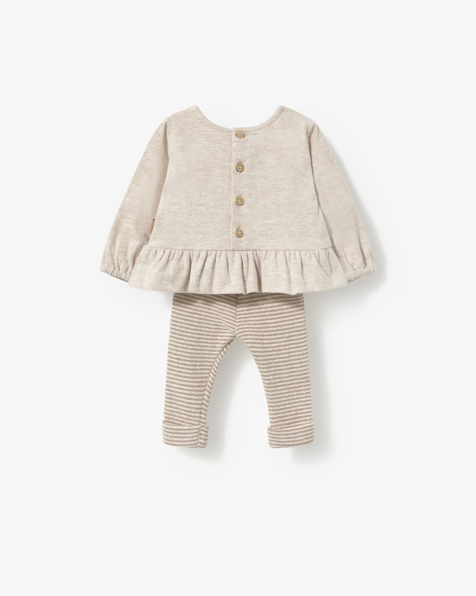 Conjunto Infantil de Camisola com Folho e Leggings Às Riscas Bege-2