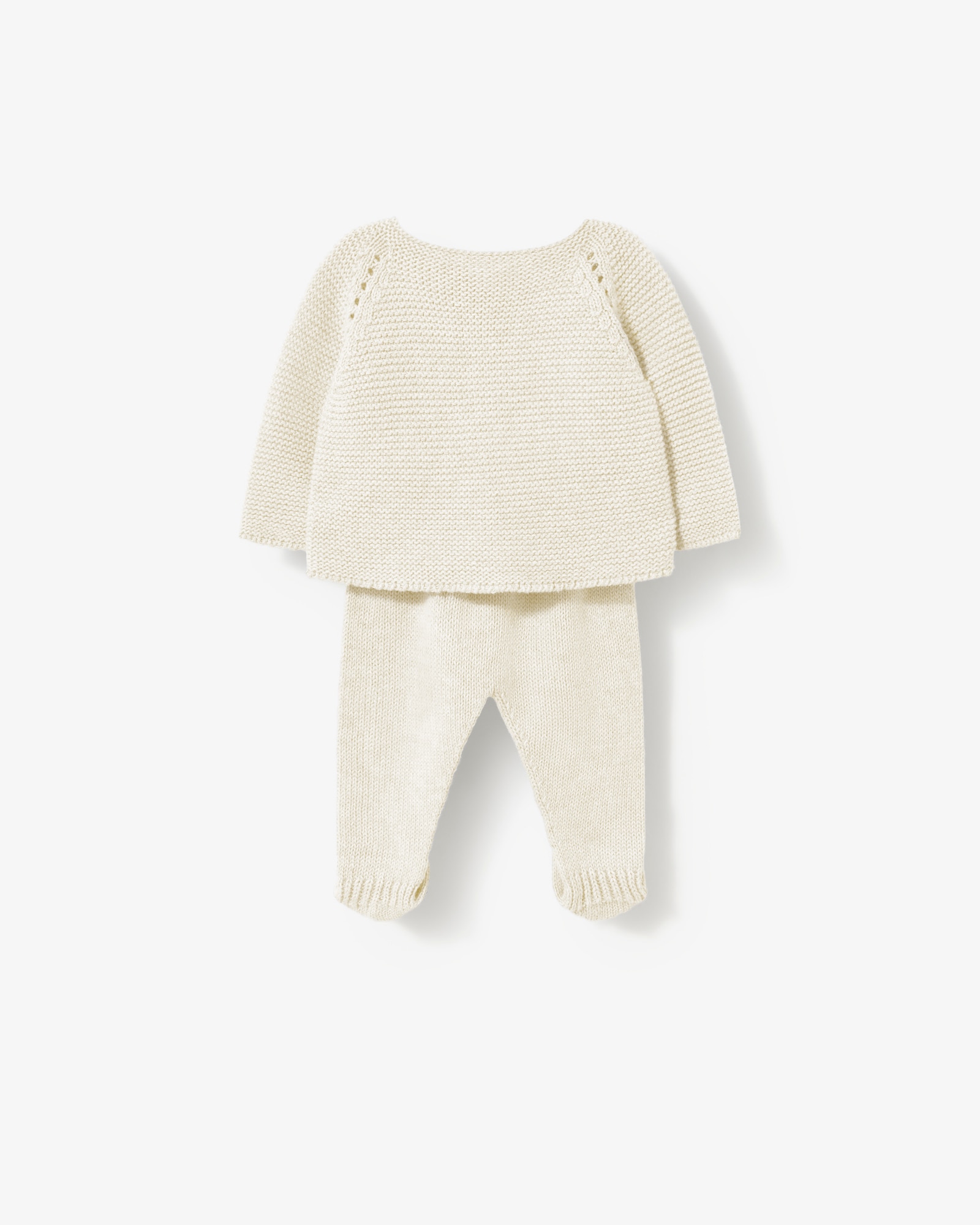 Conjunto para Bebé em Algodão Tricotado Liso com Camisola Abotoada e Polaina Cru-2