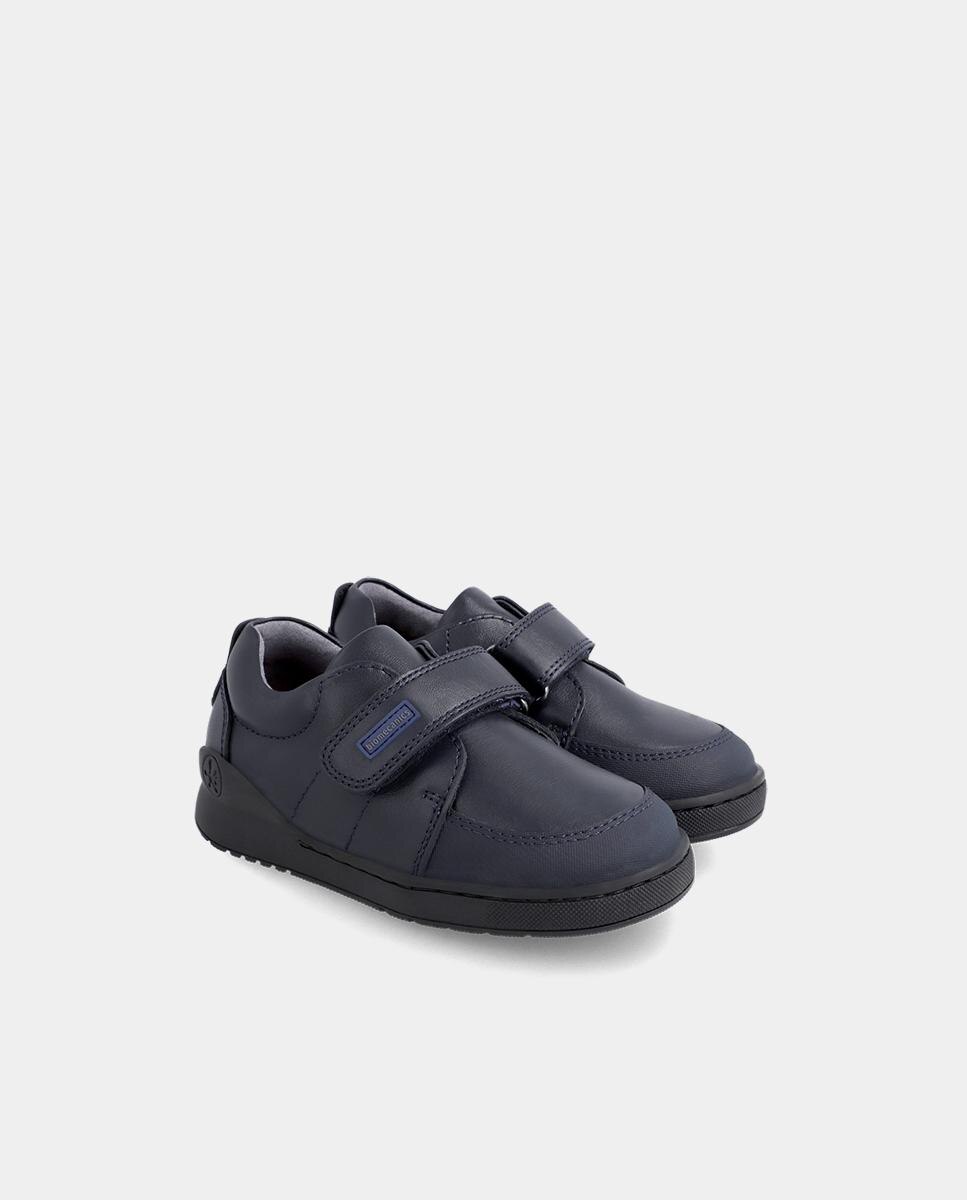 Sapatilhas de Pele Infantil com Velcro Azul-marinho-2