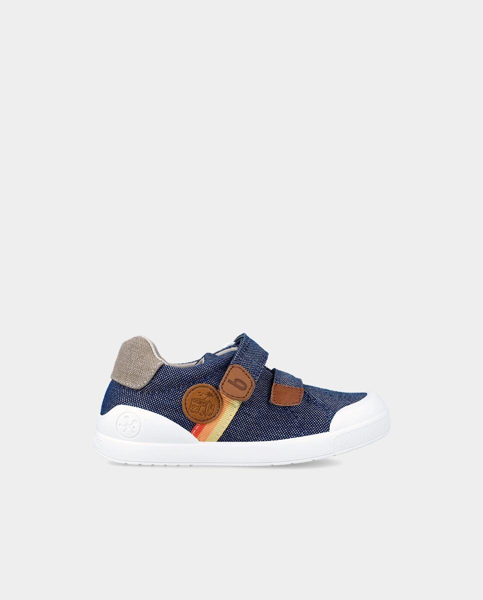 Sapatilhas de Lona Infantil com Três Riscas na Lateral e Velcro Biomecanics Azul-1