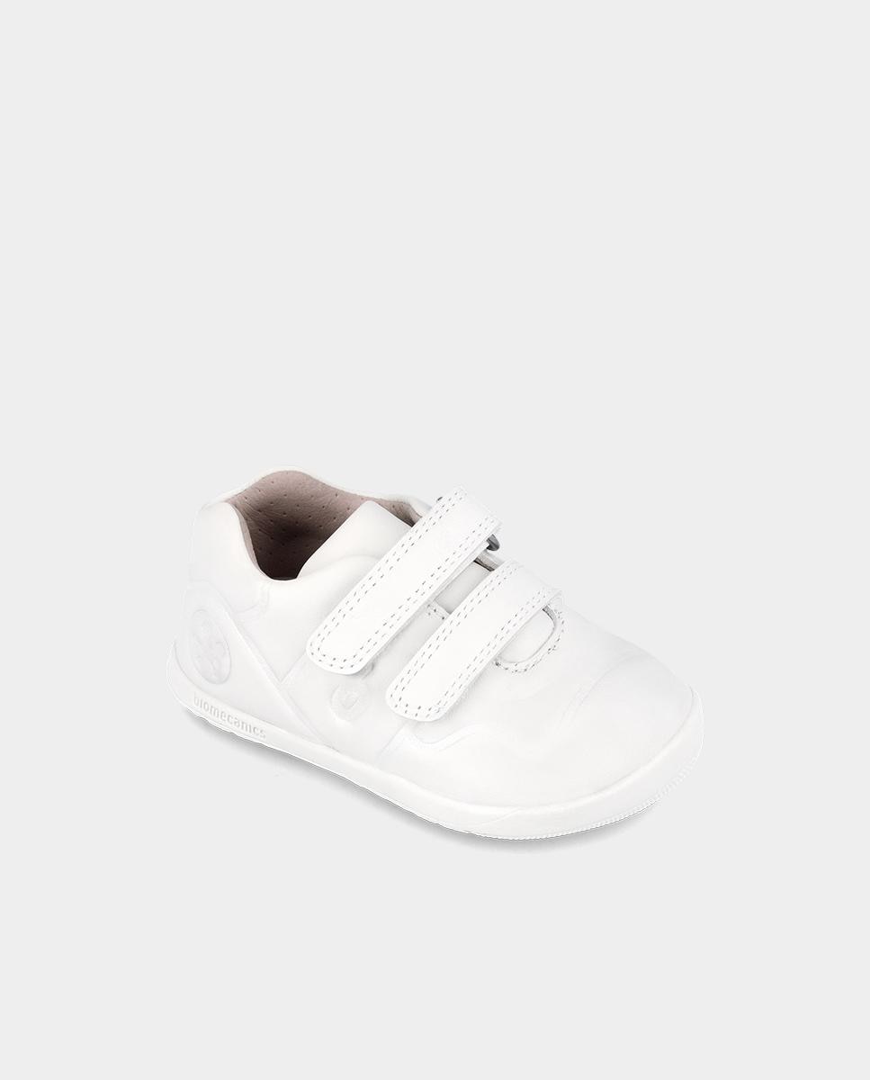 Sapatilhas de Pele para Bebé Respeitosas com o Crescimento Natural Do Pé e Fecho Duplo de Velcro Biomecanics Branco-4