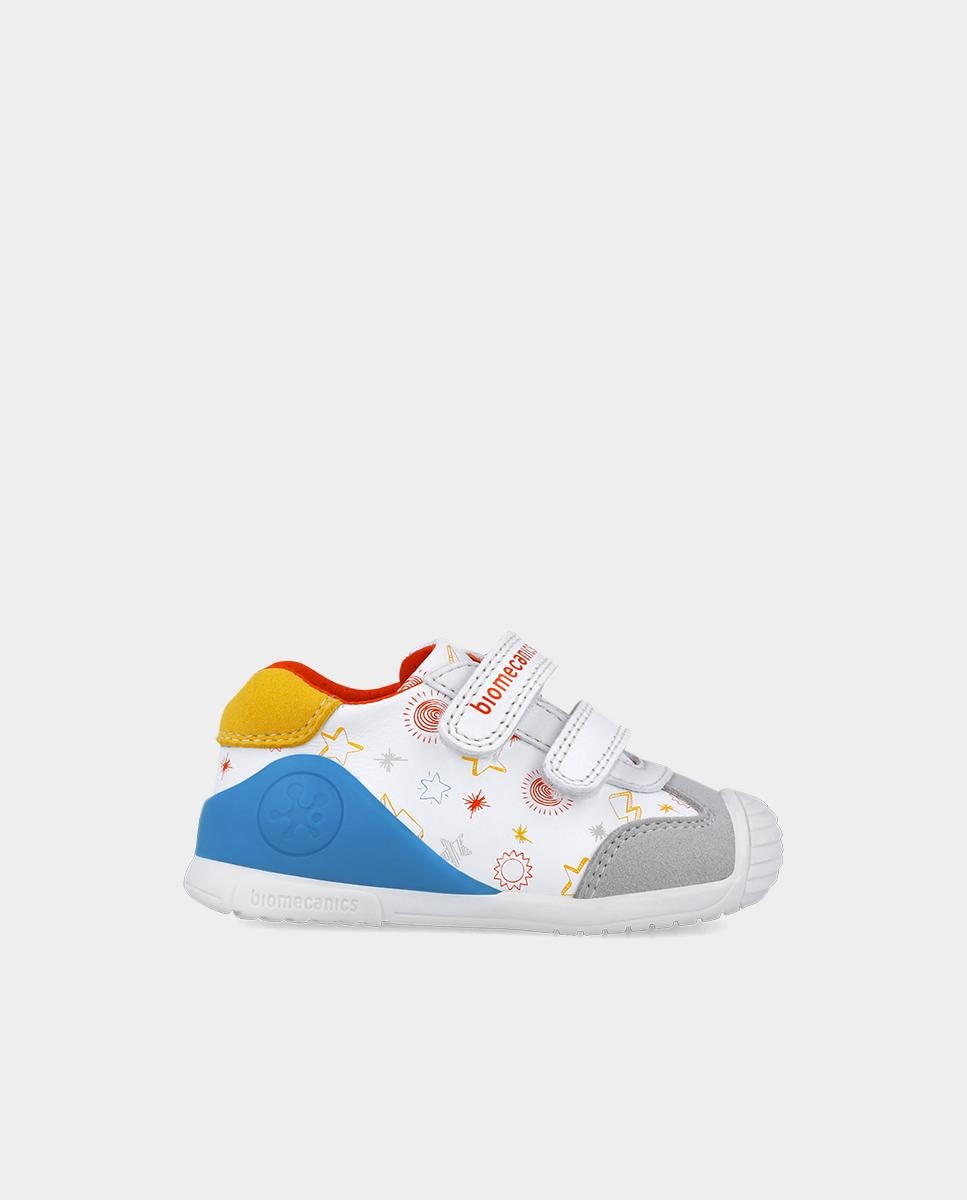 Sapatilhas para Criança de Pele com Fecho Duplo de Velcro e Estampadodo de Estrelas Branco-1