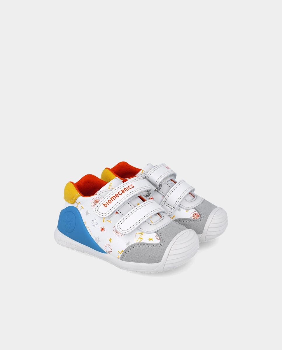 Sapatilhas para Criança de Pele com Fecho Duplo de Velcro e Estampadodo de Estrelas Branco-2