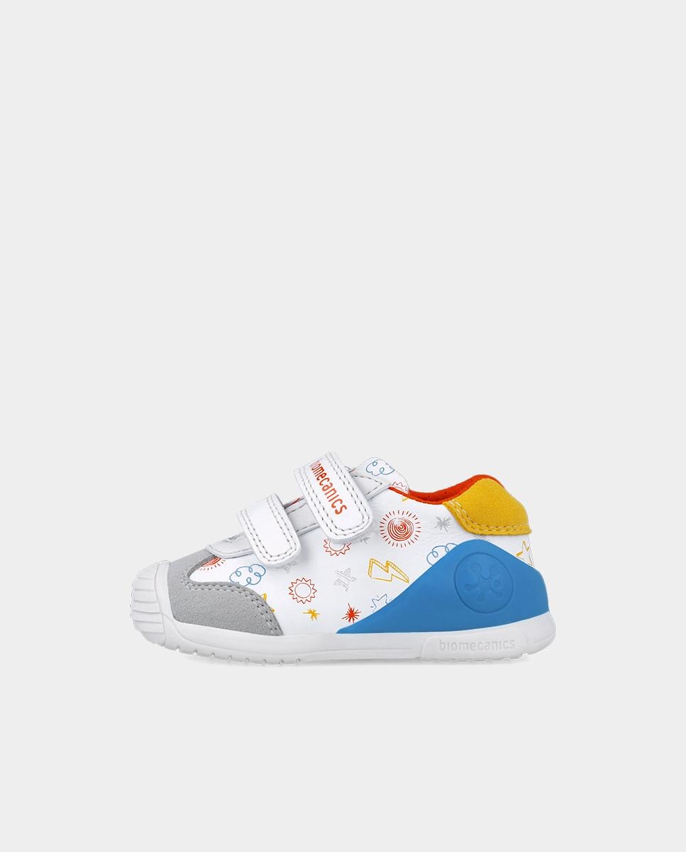 Sapatilhas para Criança de Pele com Fecho Duplo de Velcro e Estampadodo de Estrelas Branco-5