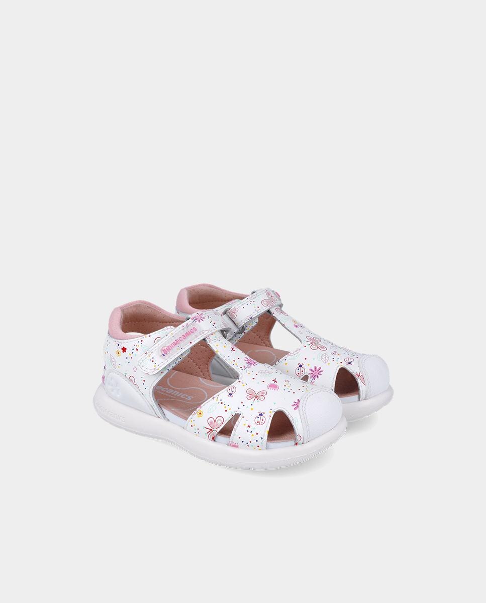 Sandálias Fechadas para Criança em Pele com Estampadodo de Borboletas Biomecanics Branco-2