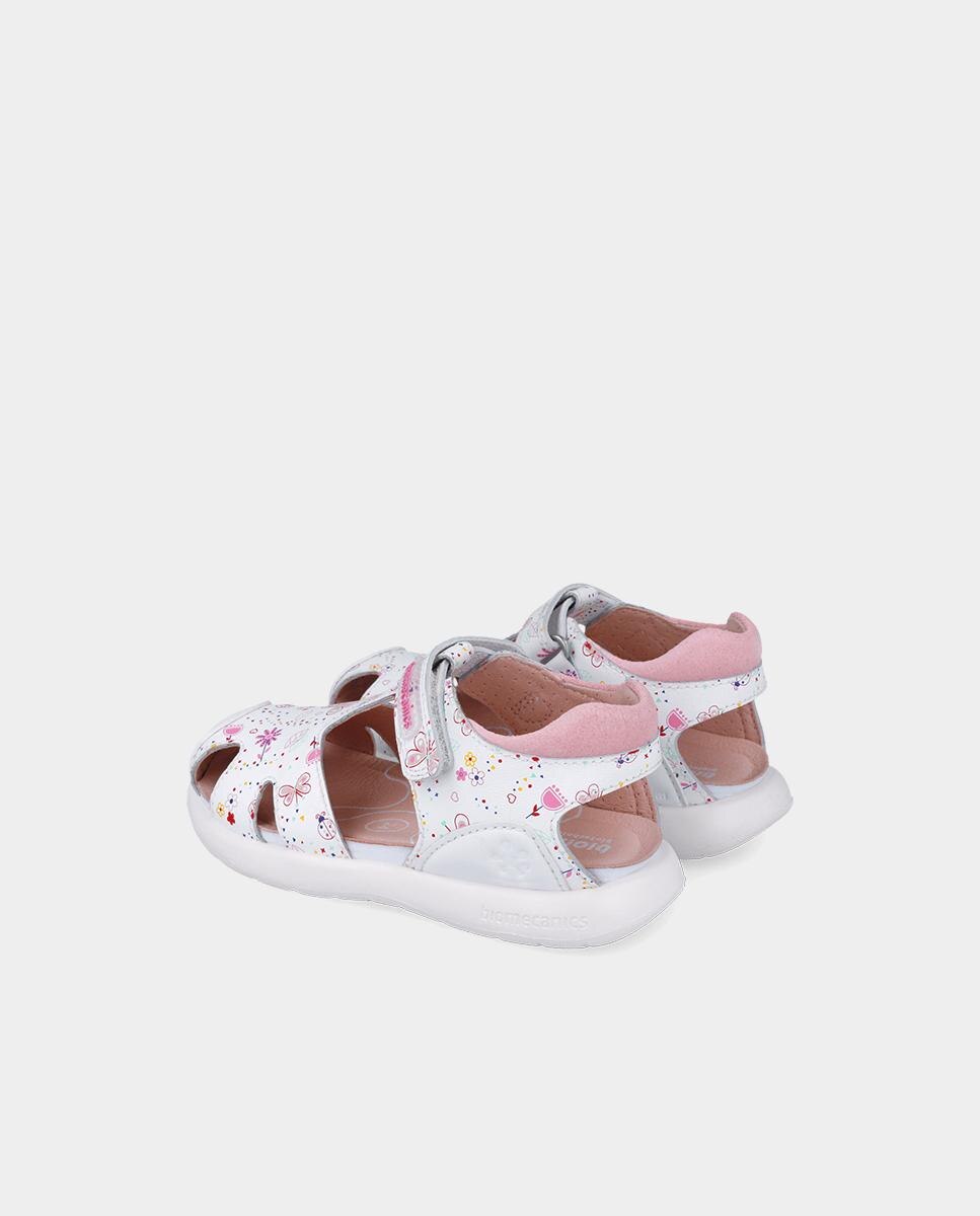 Sandálias Fechadas para Criança em Pele com Estampadodo de Borboletas Biomecanics Branco-3