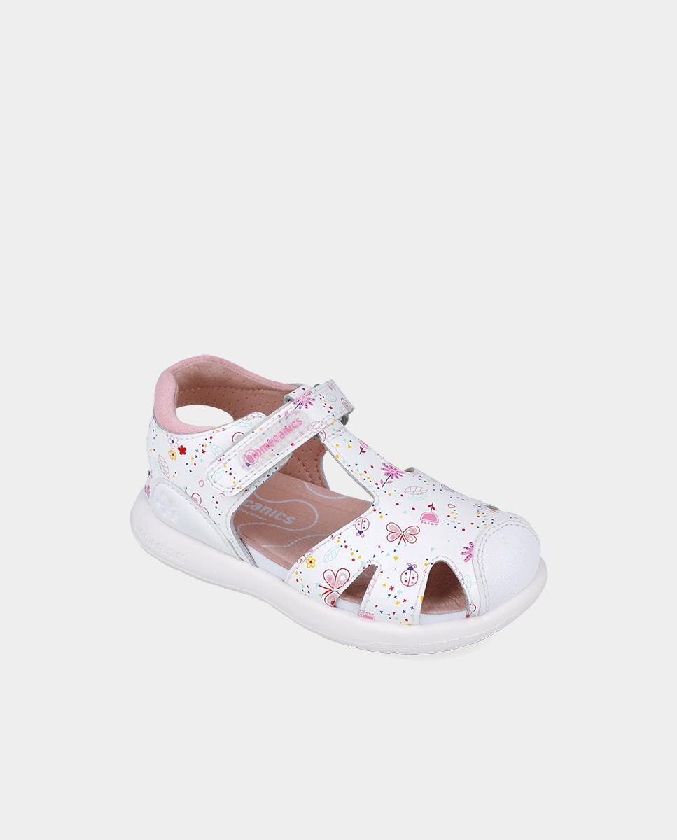 Sandálias Fechadas para Criança em Pele com Estampadodo de Borboletas Biomecanics Branco-4