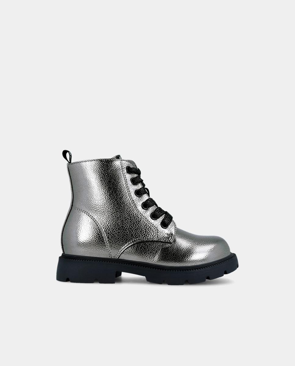 Botins Estilo Militar com Fecho Zip e Atacadores Prata-1