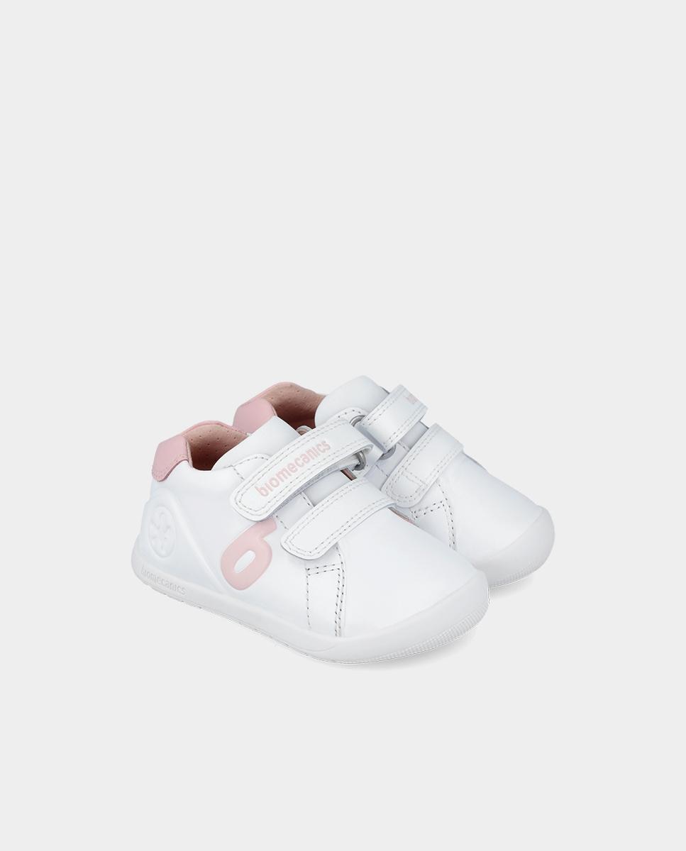 Sapatilhas de Pele Infantil Respeitosas com o Crescimento Natural Do Pé e Fecho Duplo de Velcro Rosa-2