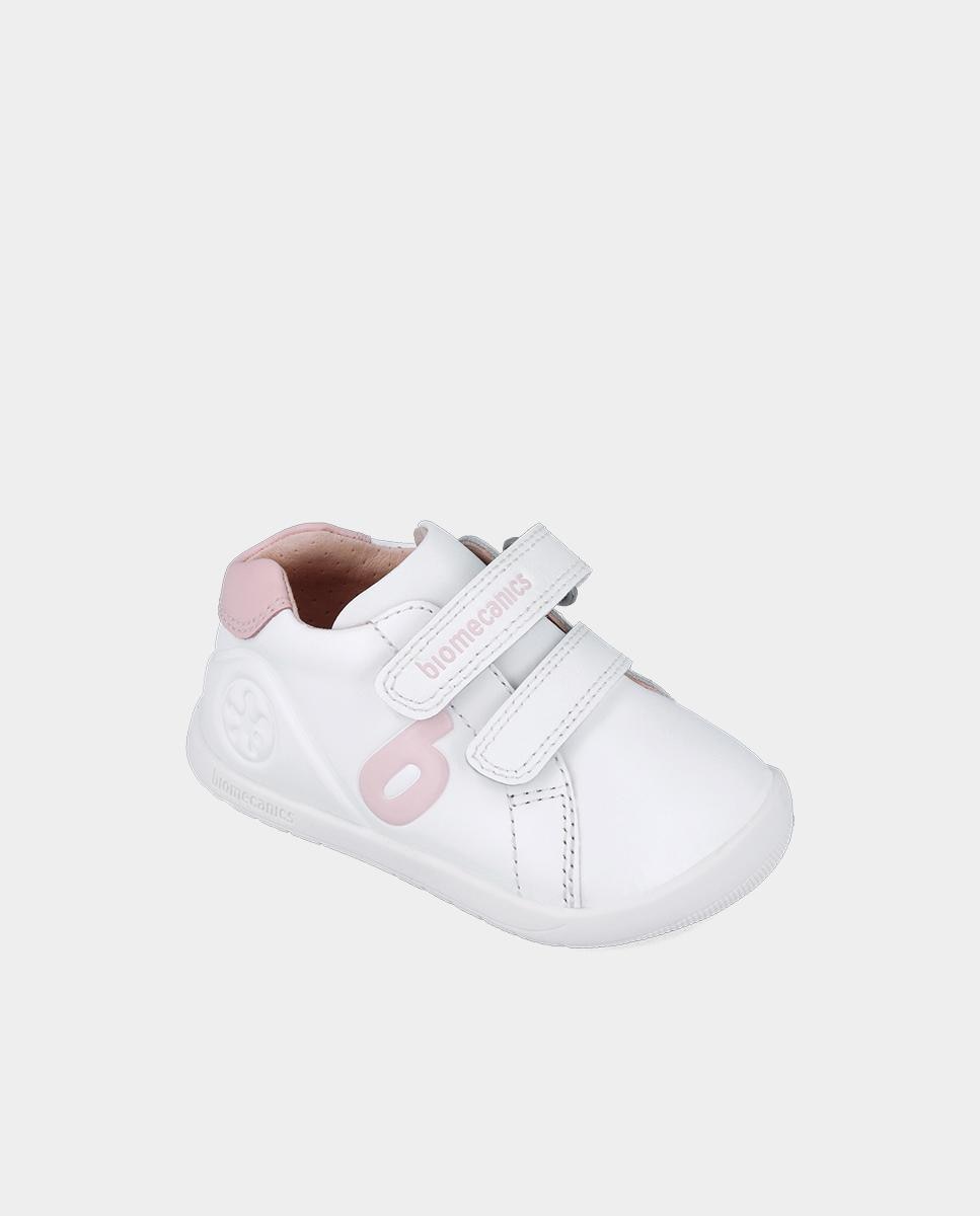 Sapatilhas de Pele Infantil Respeitosas com o Crescimento Natural Do Pé e Fecho Duplo de Velcro Rosa-4