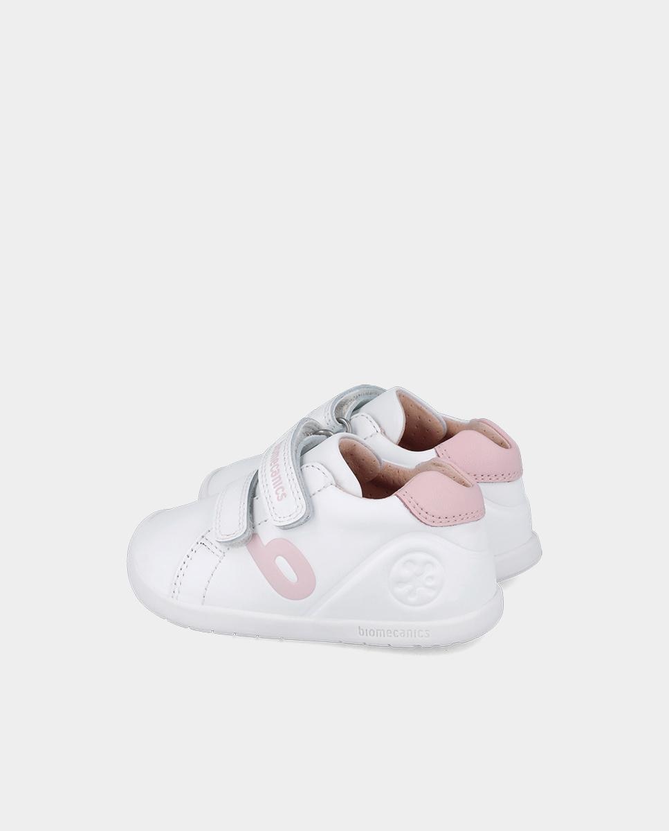 Sapatilhas de Pele Infantil Respeitosas com o Crescimento Natural Do Pé e Fecho Duplo de Velcro Rosa-5