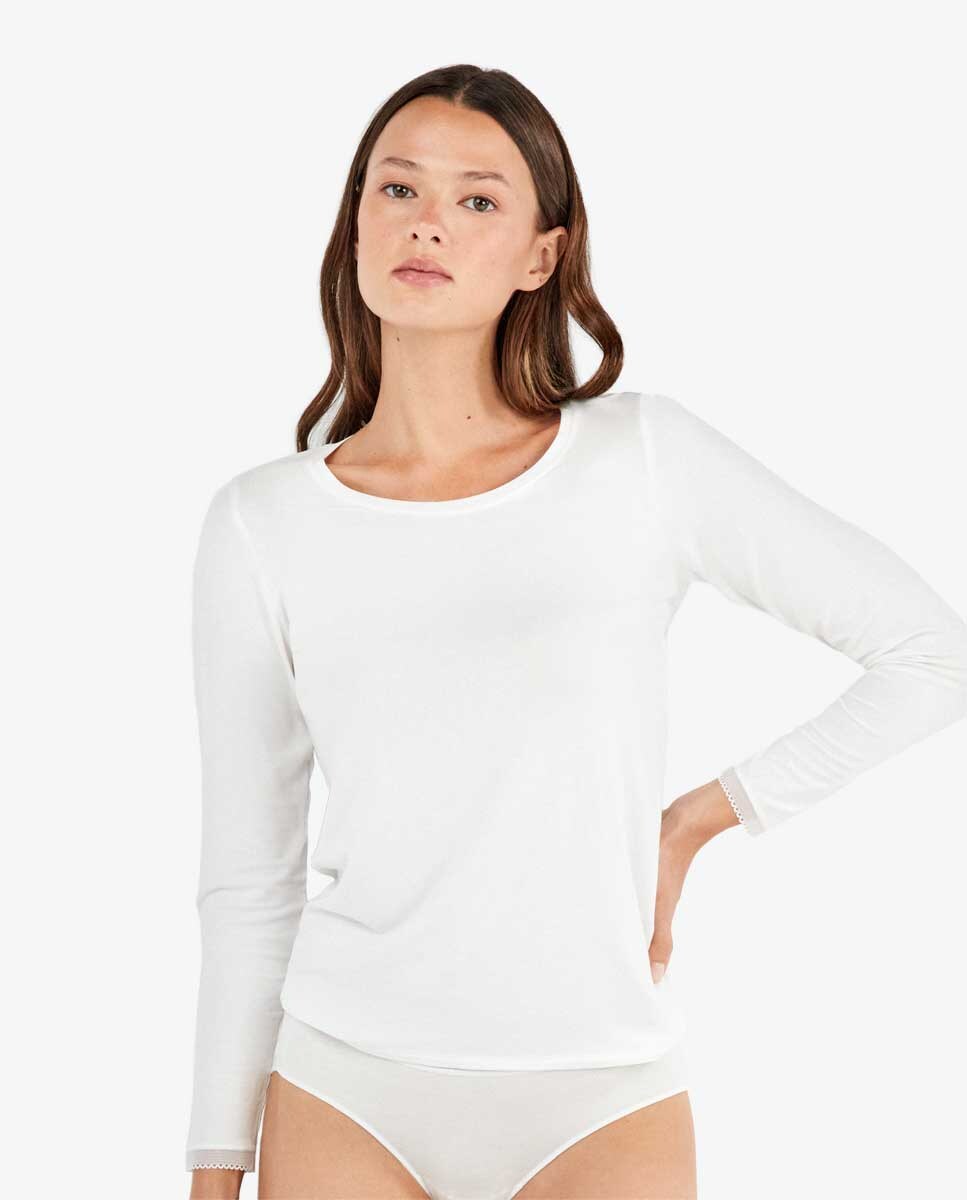 T-shirt Interior de Manga Comprida em Tecido Modal Lenzing Branco-1
