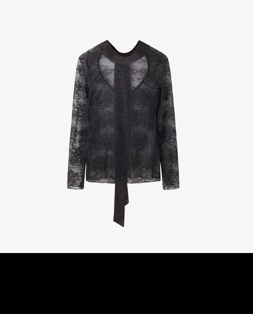 T-shirt Interior de Manga Comprida em Tecido de Renda Semitransparente Preto-5