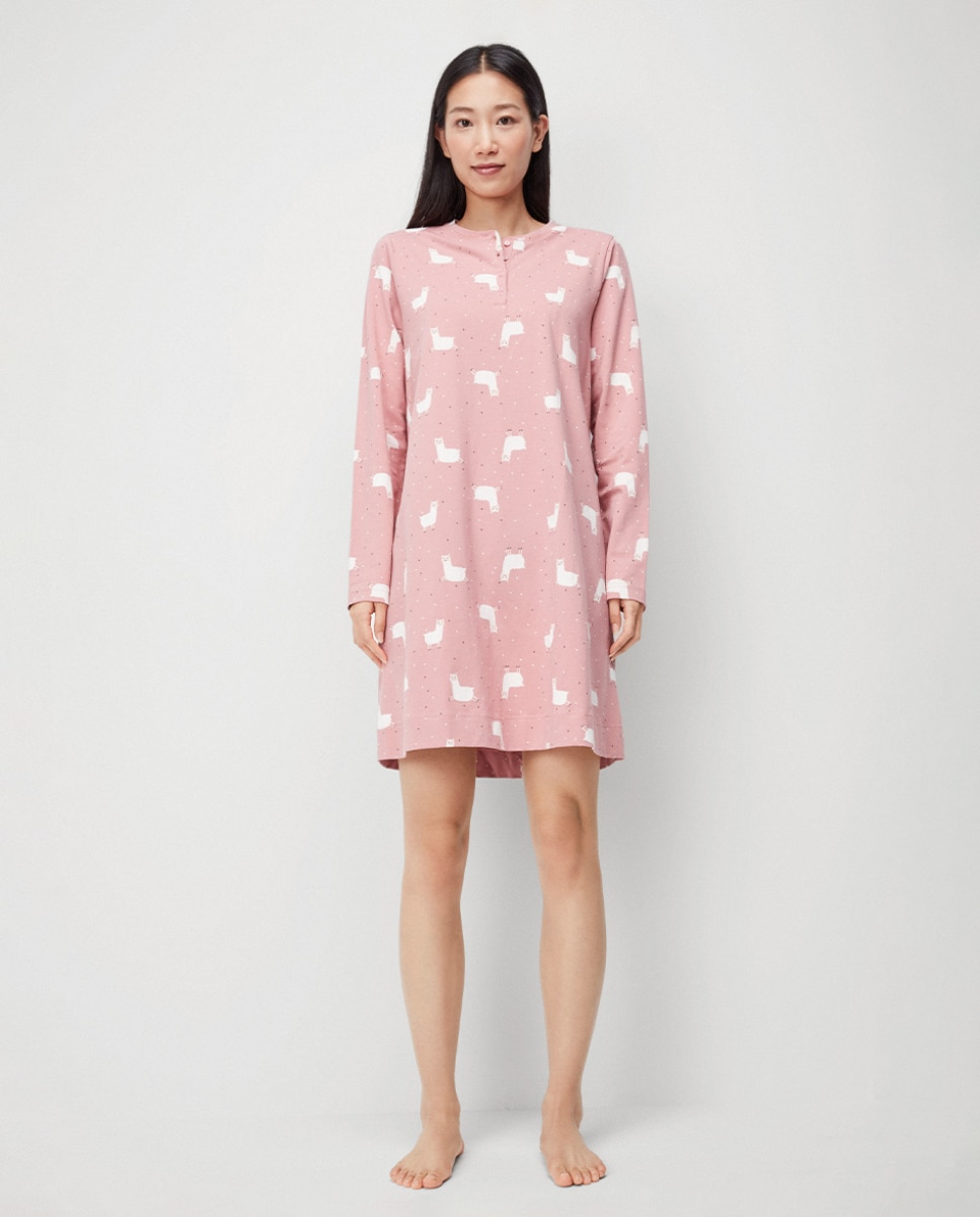 Camisola de Manga Comprida em Tecido Estampado Rosa-1
