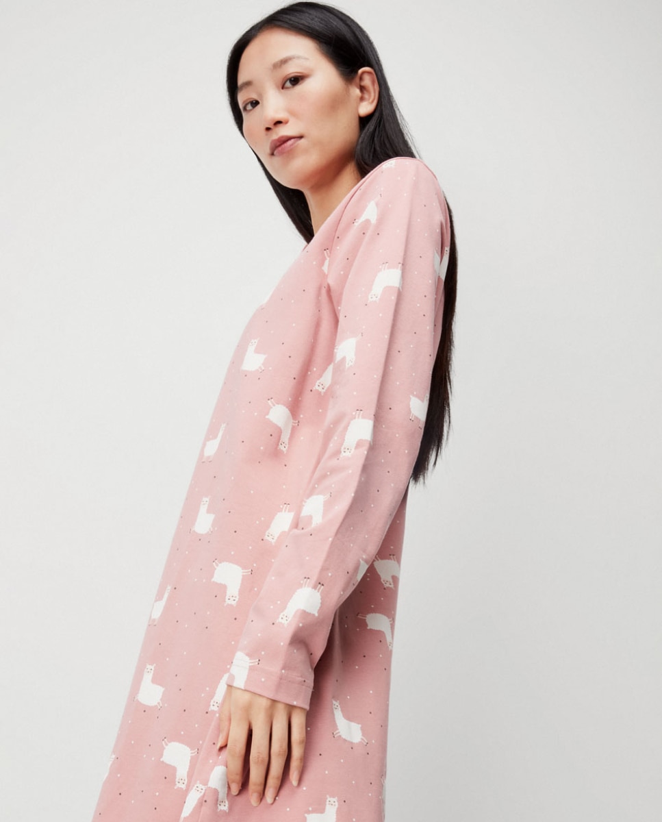 Camisola de Manga Comprida em Tecido Estampado Rosa-2