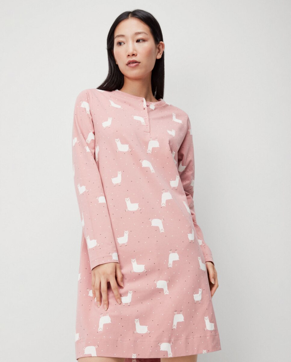 Camisola de Manga Comprida em Tecido Estampado Rosa-4