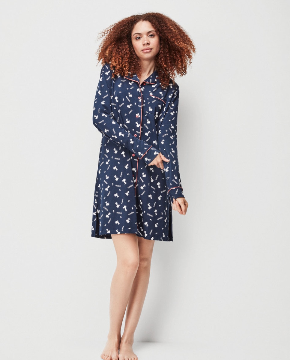 Camisola de Dormir Estilo Camiseiro com Estampado de Snoopy Azul-marinho-1