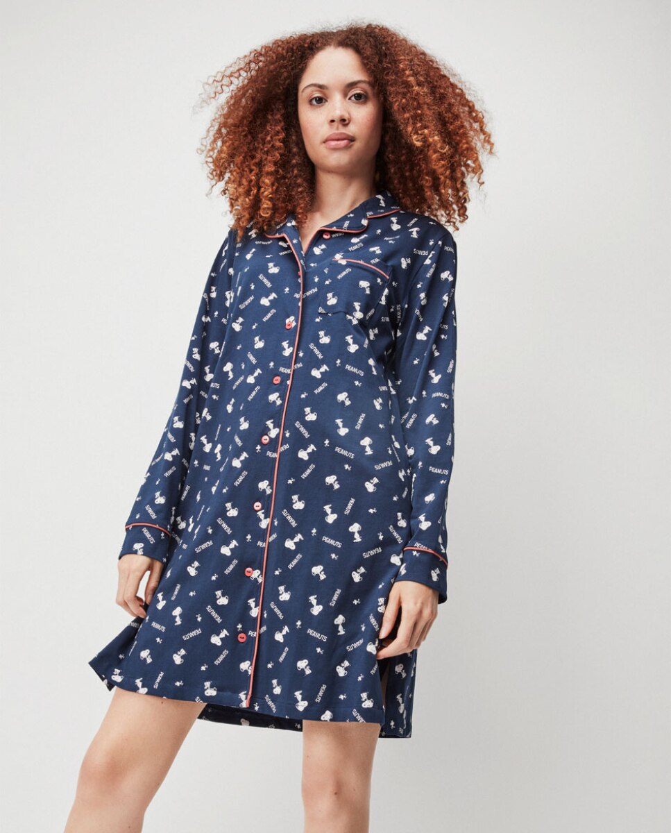 Camisola de Dormir Estilo Camiseiro com Estampado de Snoopy Azul-marinho-4