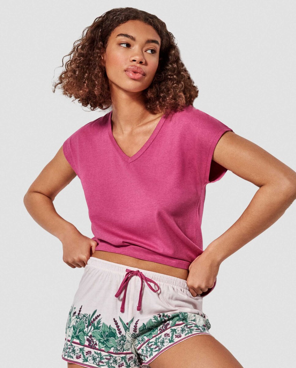 Pijama Curto com T-shirt Estampada Fúcsia-2