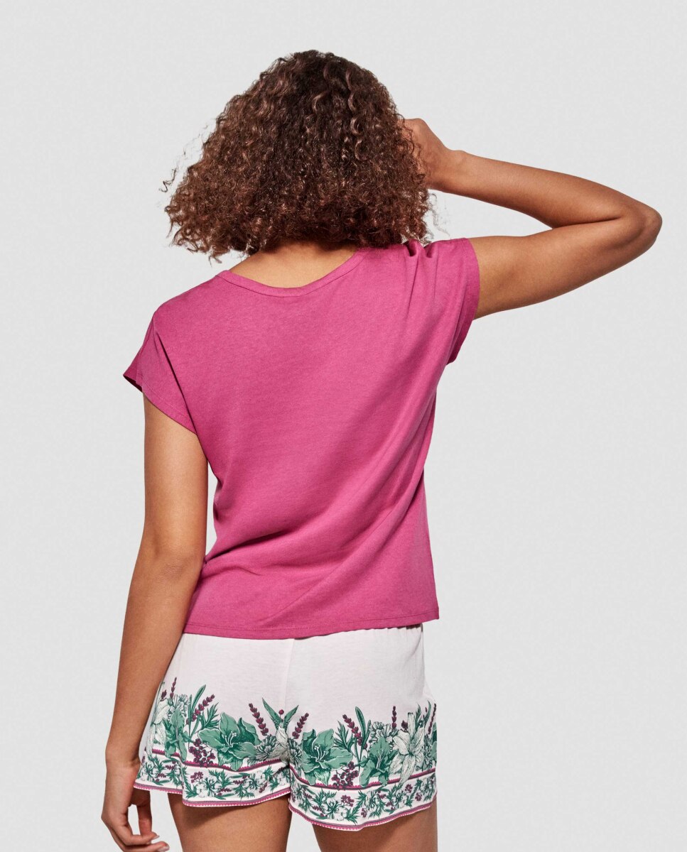 Pijama Curto com T-shirt Estampada Fúcsia-3