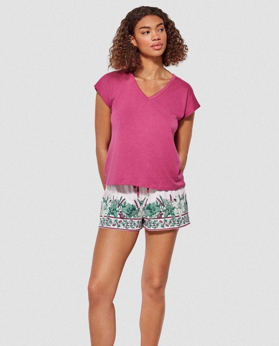 Pijama Curto com T-shirt Estampada Fúcsia-4