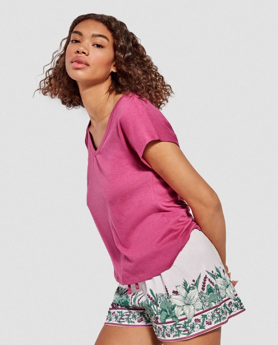 Pijama Curto com T-shirt Estampada Fúcsia-5