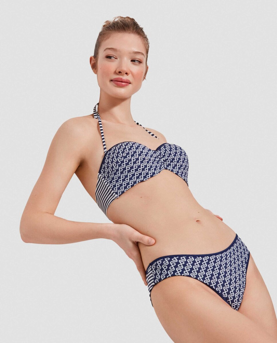 Cueca de Biquíni Clássica em Tecido Liso Azul / Branco-3
