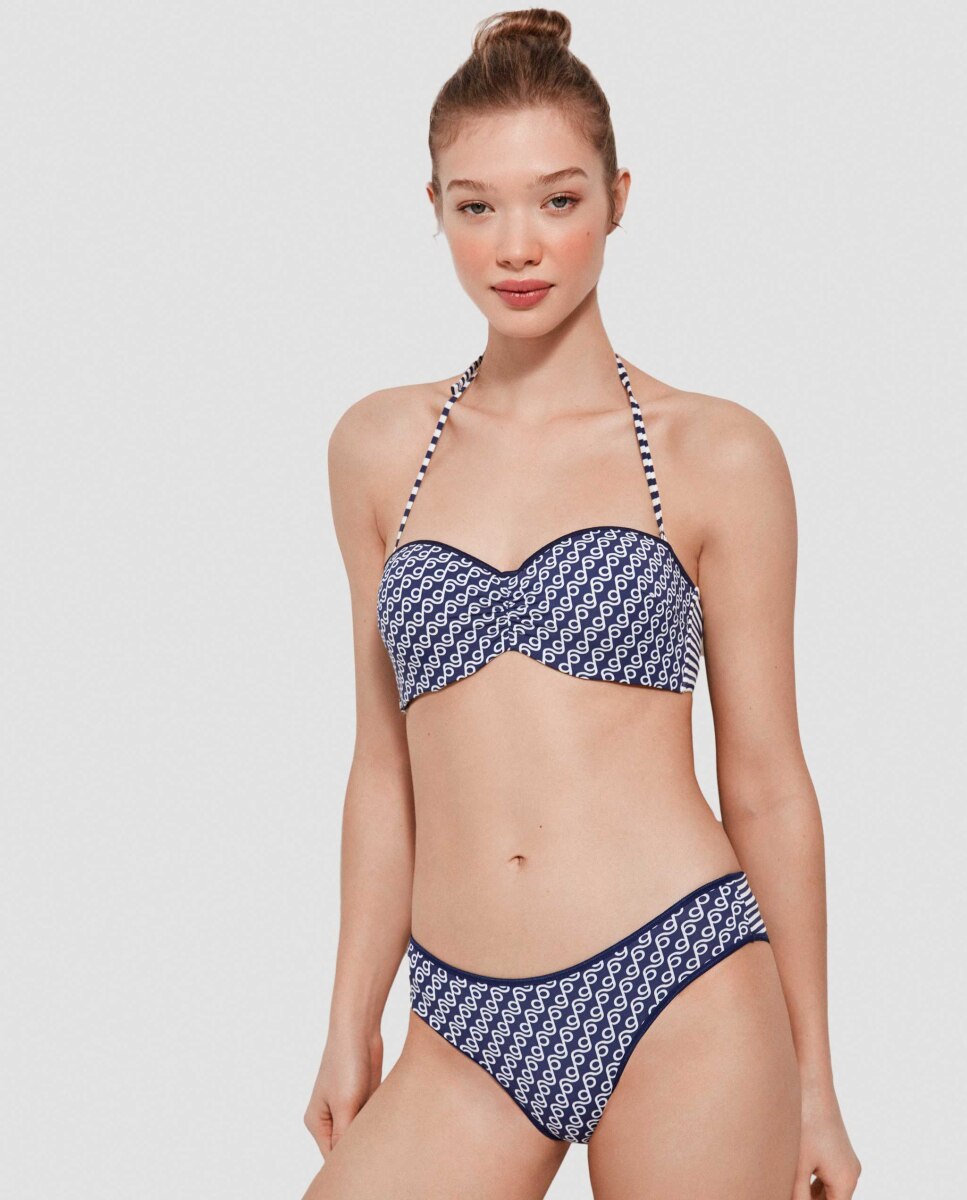 Cueca de Biquíni Clássica em Tecido Liso Azul / Branco-4