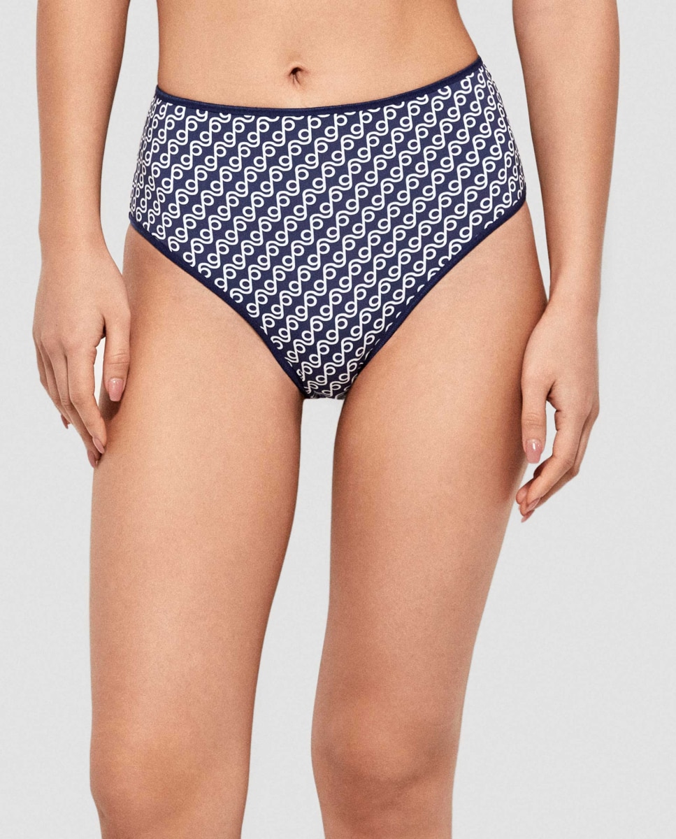 Cueca de Biquíni Alta Estampada Azul / Branco-1
