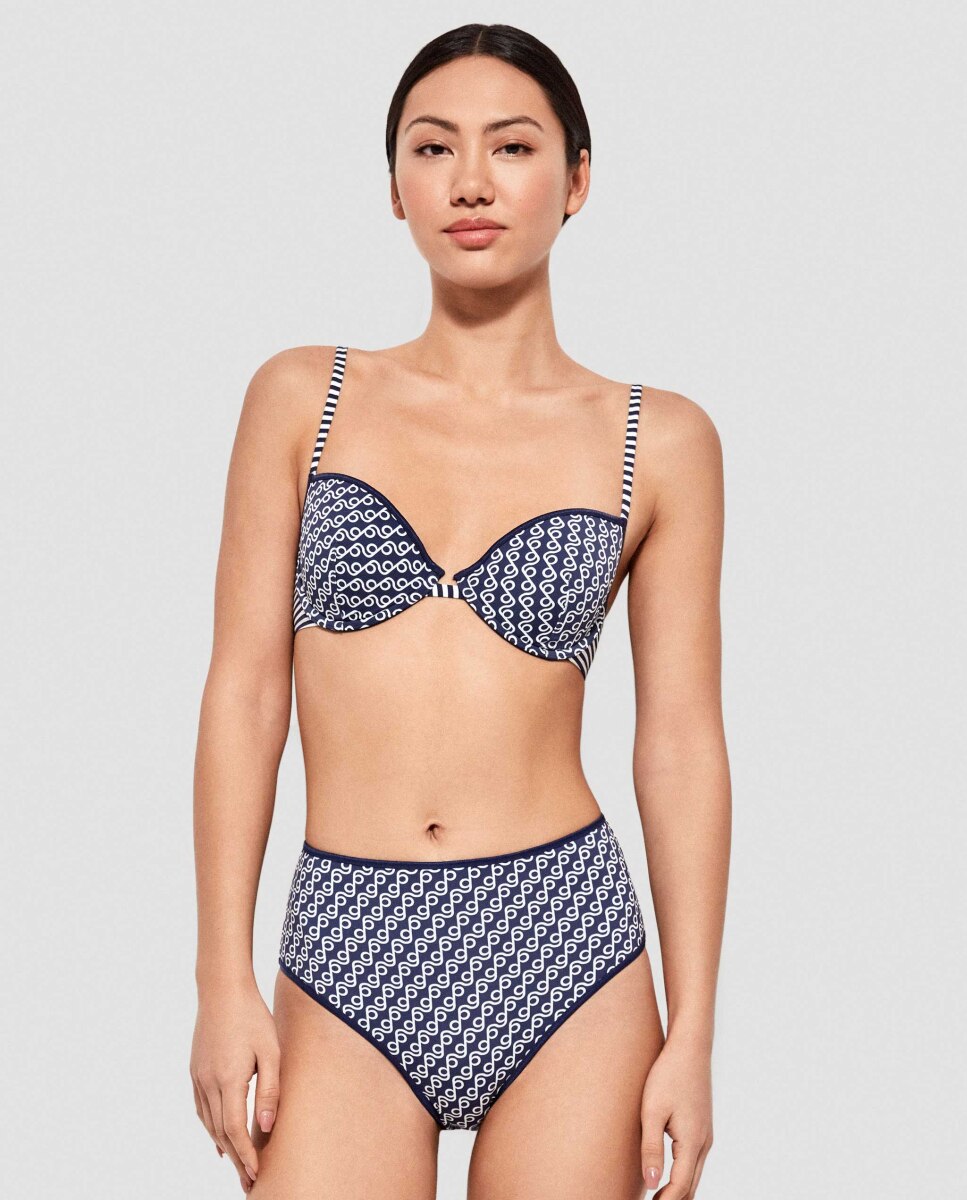 Cueca de Biquíni Alta Estampada Azul / Branco-3