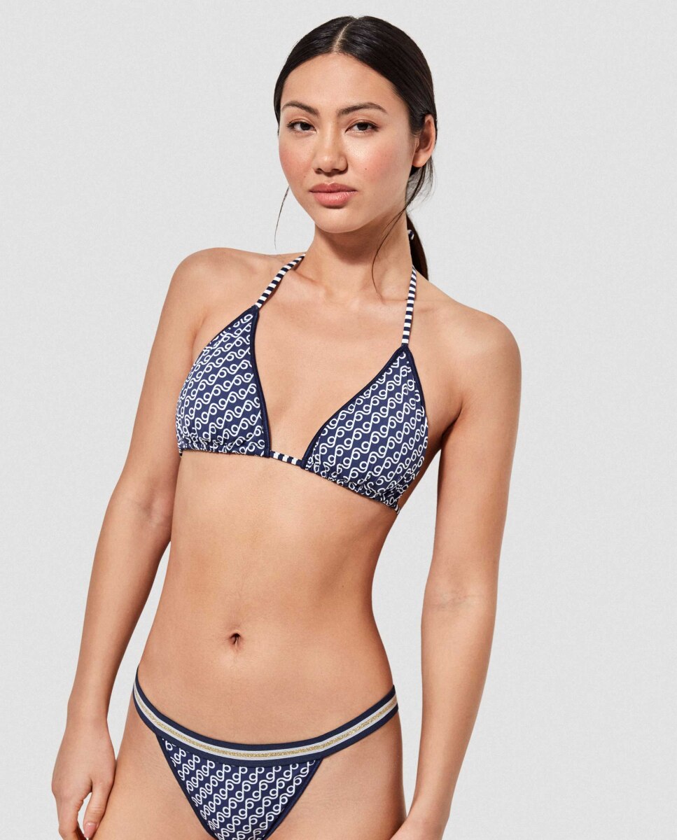 Top de Biquíni Triangular em Tecido Multiestampado Azul / Branco-4