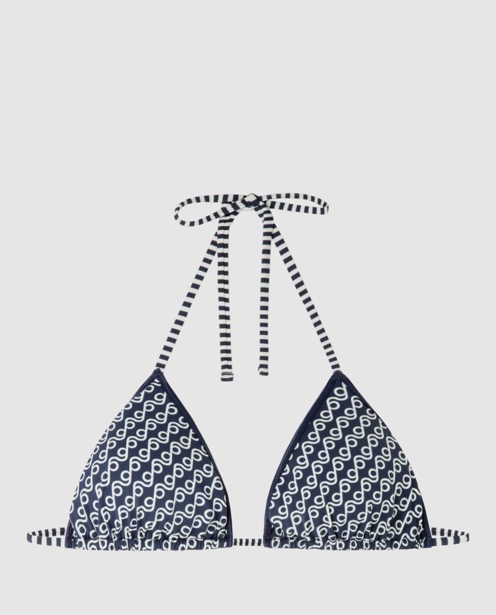 Top de Biquíni Triangular em Tecido Multiestampado Azul / Branco-5