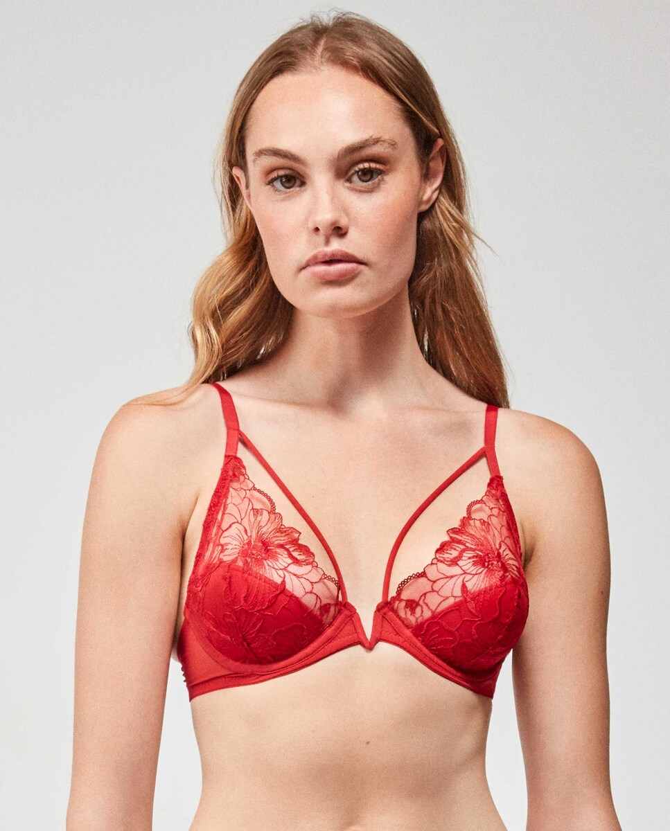 Soutien Bralette em Tecido Bordado com Tiras no Decote Vermelho-1