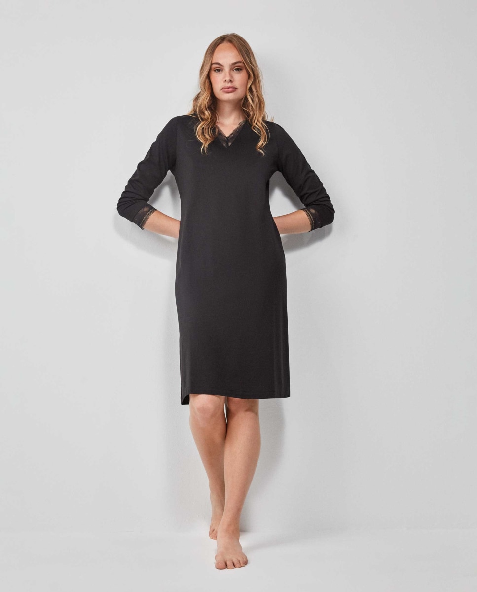 Camisola de Manga Comprida com Detalhes de Renda Preto-1