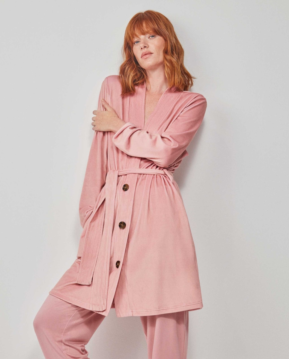 Robe em Tecido Polar com Botões e Cinto Rosa-1