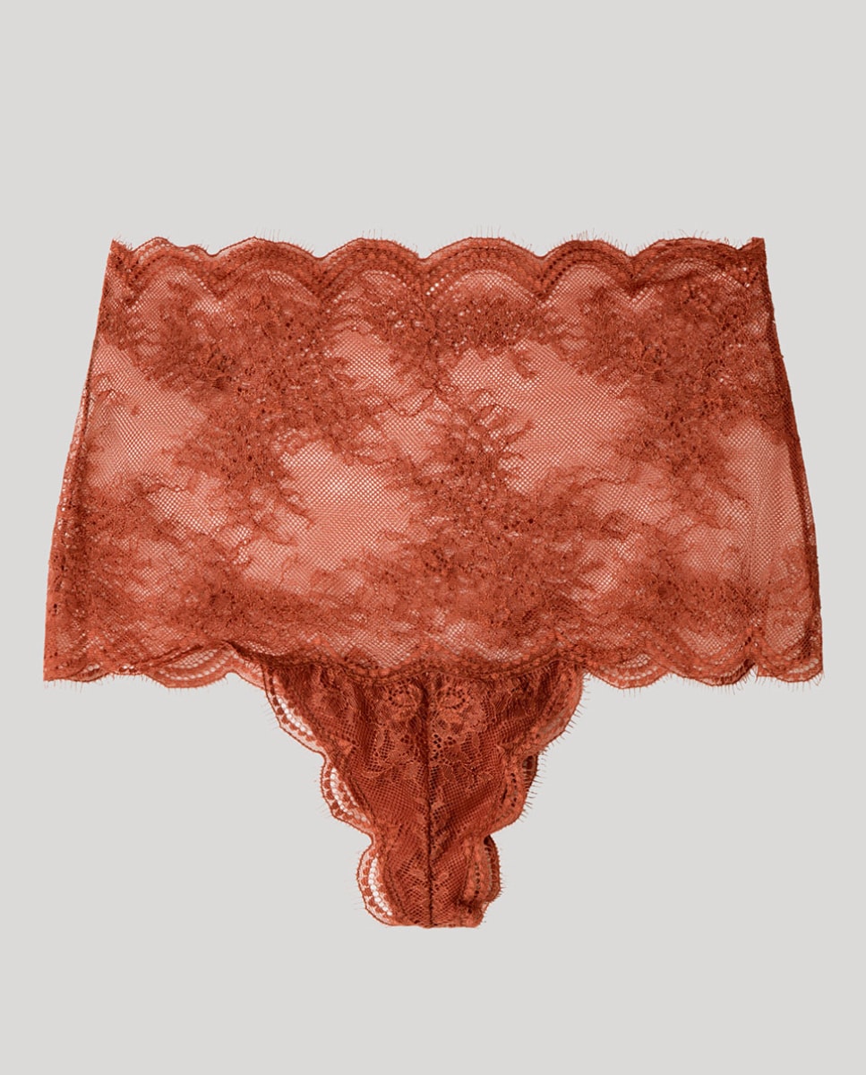 Cueca Alta em Tecido de Renda Castanho-6