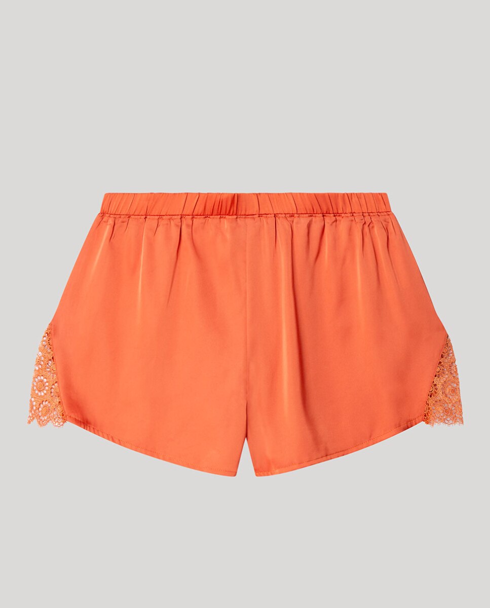 Calças de Pijama em Tecido Acetinado e Detalhes de Renda Laranja-forte-5