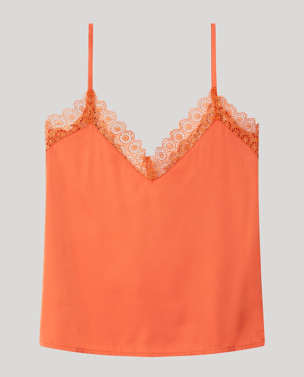 T-shirt de Pijama Lisa de Alças em Tecido Acetinado Laranja-forte-5