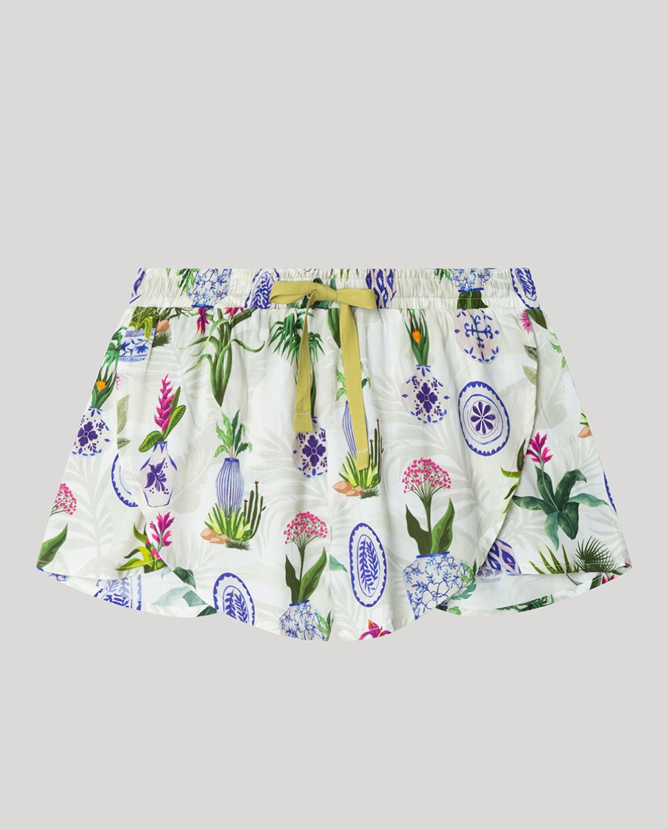 Calças Curtas em Tecido Estampado Floral Multicolor-6