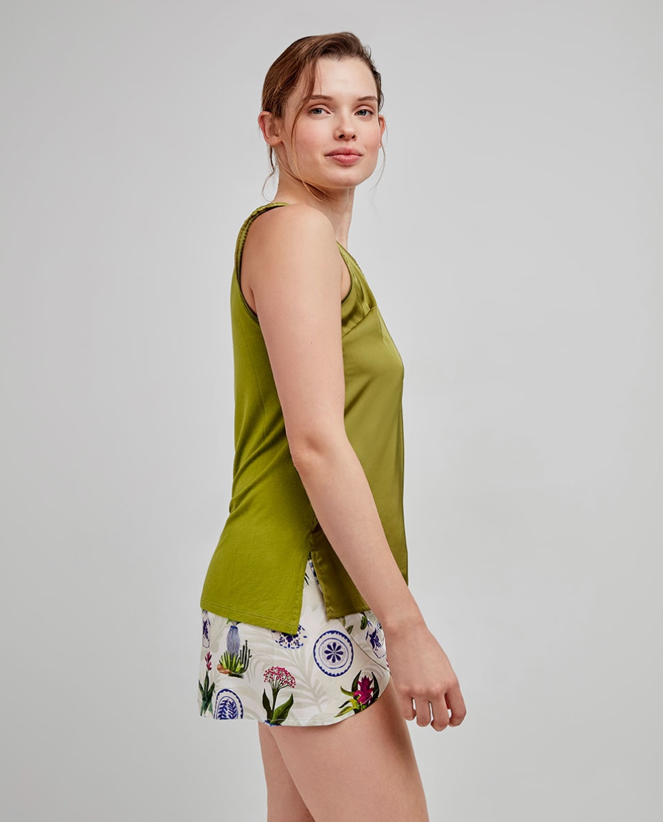 T-shirt Lisa de Alças em Tecido Acetinado Verde-3