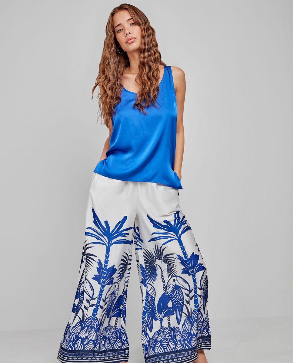 Calças Compridas e Largas em Tecido Acetinado e Estampado Branco / Azul-2