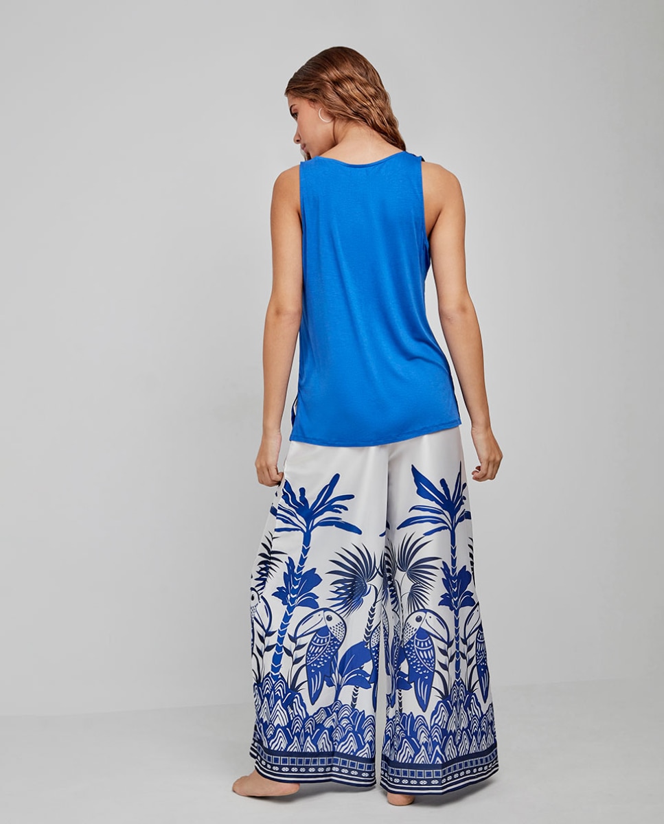 Calças Compridas e Largas em Tecido Acetinado e Estampado Branco / Azul-4