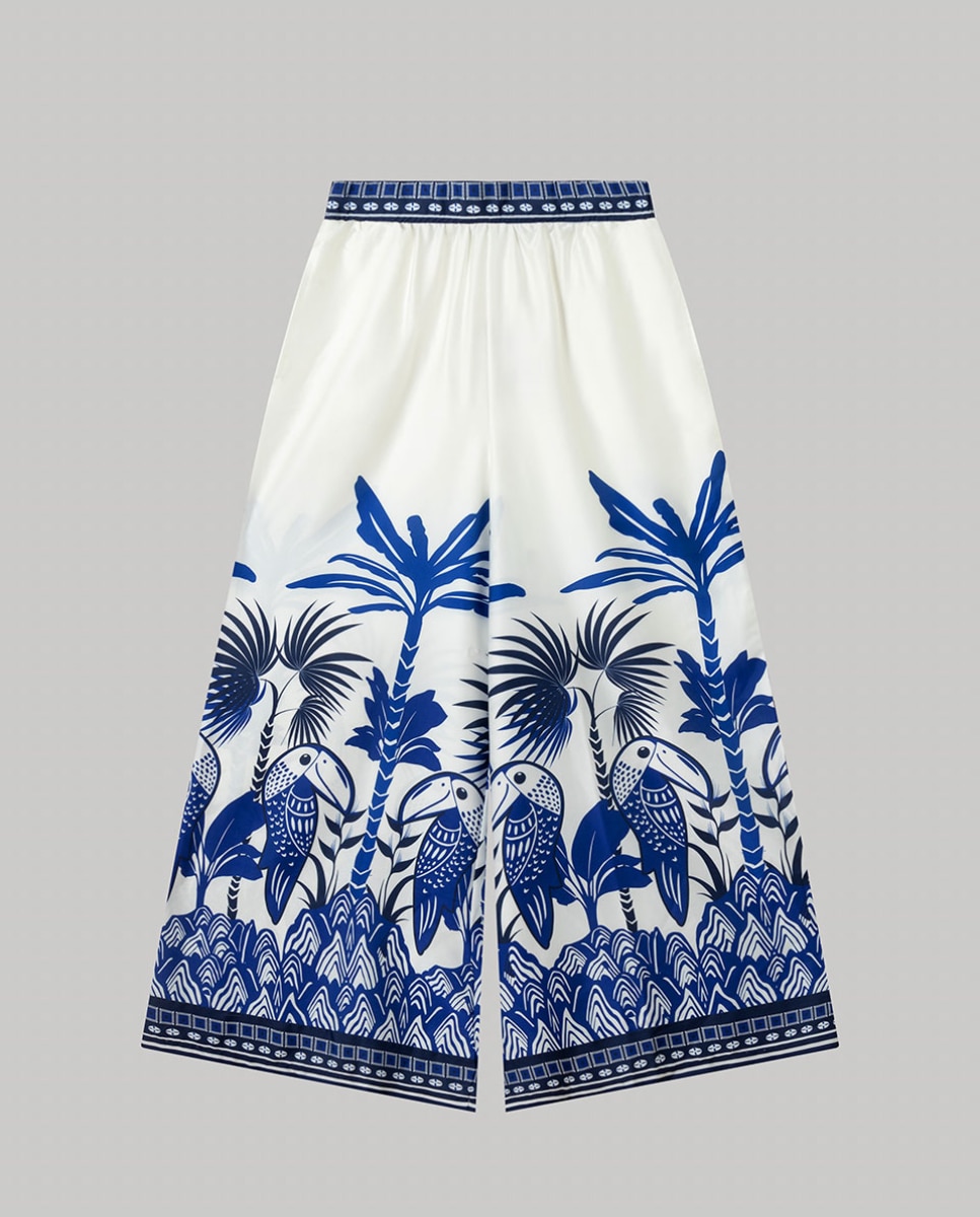 Calças Compridas e Largas em Tecido Acetinado e Estampado Branco / Azul-5