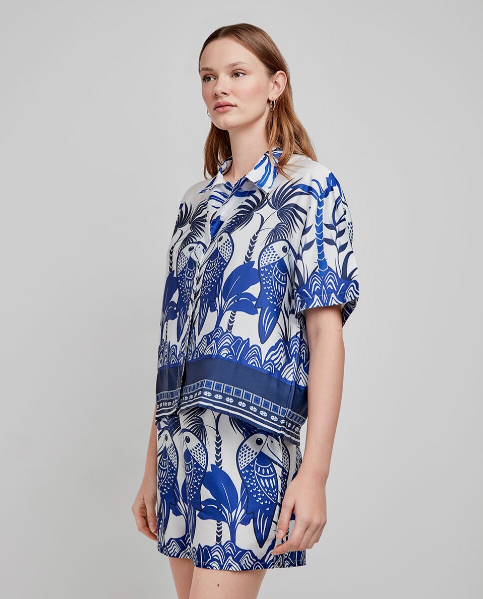 Calças de Pijama em Tecido Acetinado e Estampado Tropical Azul / Branco-2