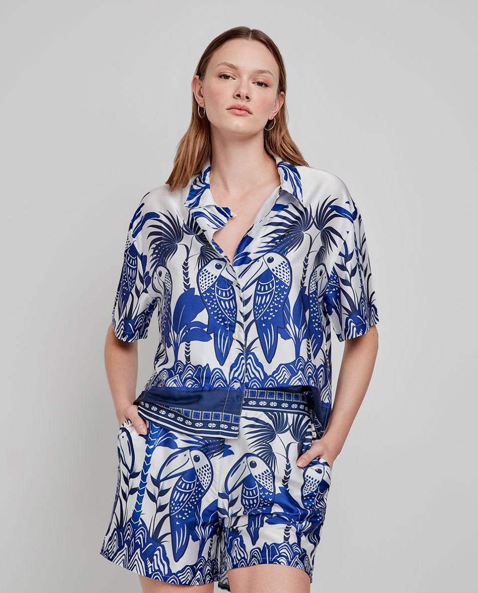 Calças de Pijama em Tecido Acetinado e Estampado Tropical Azul / Branco-3