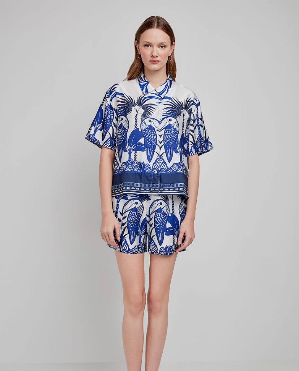 Calças de Pijama em Tecido Acetinado e Estampado Tropical Azul / Branco-4