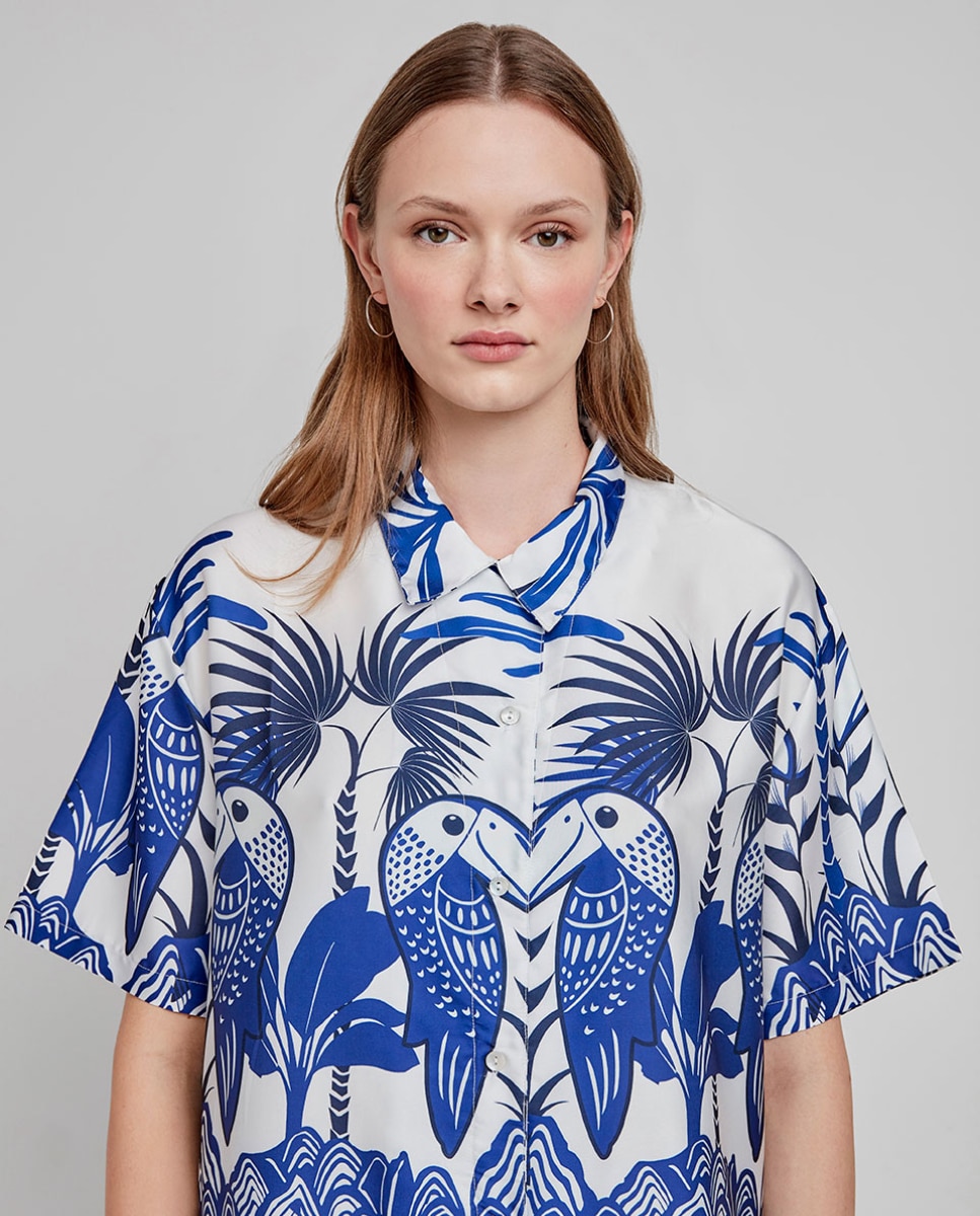 Camisa de Manga Curta em Tecido Acetinado e Estampado Tropical Multicolor-3