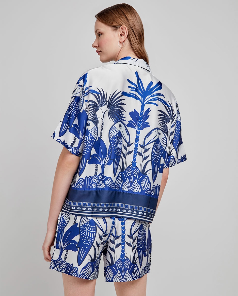 Camisa de Manga Curta em Tecido Acetinado e Estampado Tropical Multicolor-5