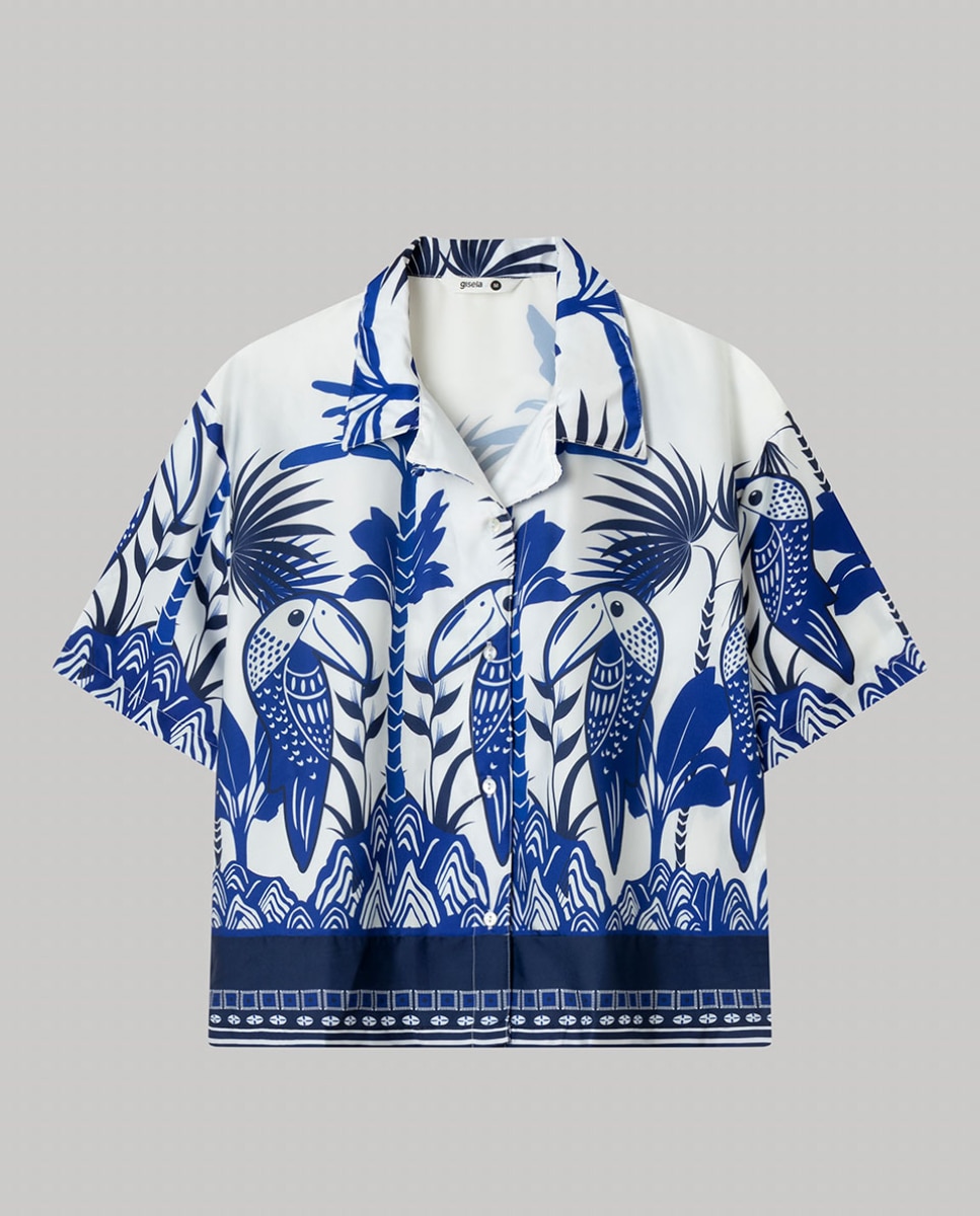 Camisa de Manga Curta em Tecido Acetinado e Estampado Tropical Multicolor-6